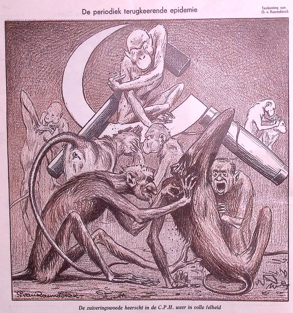 Spotprent van George van Raemdocnk over de periodiek terugkerende epidemie 1933